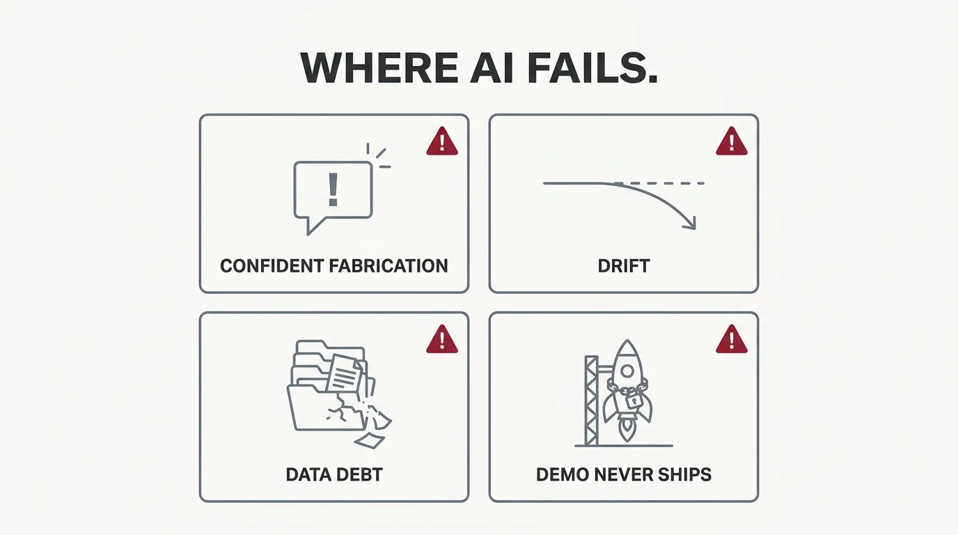 Four failure cards in a grid: confident fabrication, drift, data debt, and the demo that never ships
