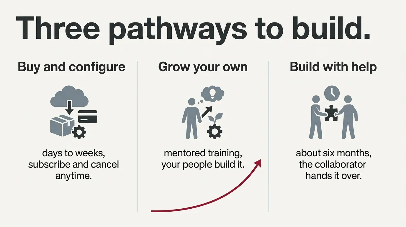 Three pathway columns: buy and configure in days, grow your own people through mentored training, and build with help for the complex project